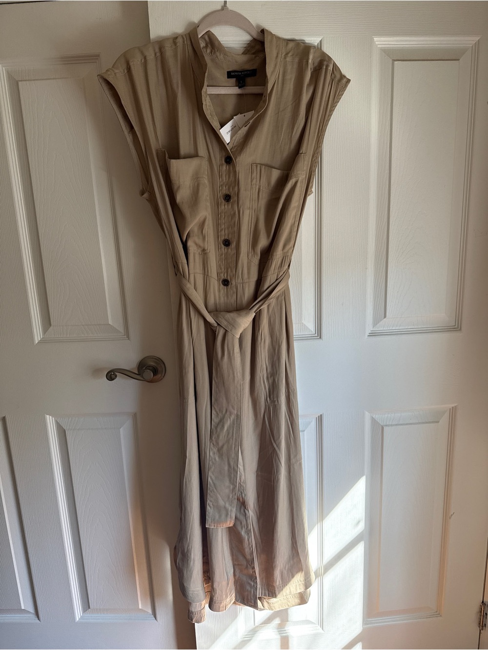Banana Republic Factory Tan Button-Front Midi Dress with Tie Waist
